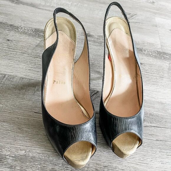 Christian Louboutin Black Gold Leather Slingback Peep Toe Pumps Size 39.5EU - Picture 13 of 13